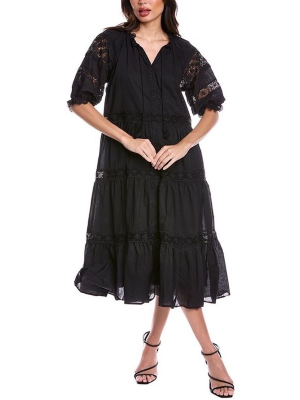 En Saison Sz S Boho Black Tiered Lace Cottagecore Witchy Peasant Midi Dress